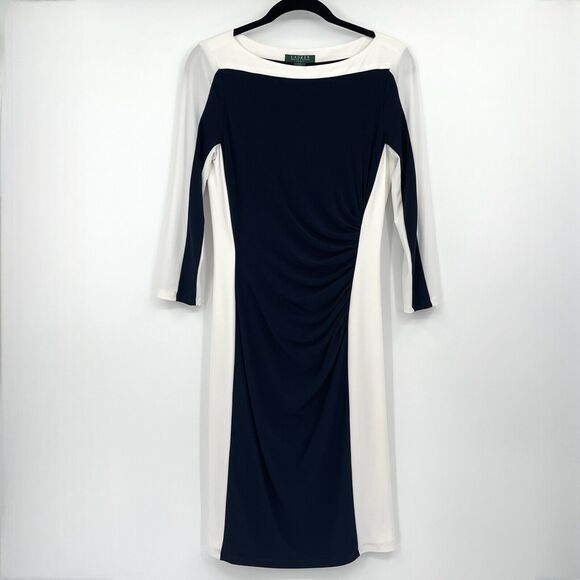 Lauren Ralph Lauren Womens Dress Sz 6 Navy Ivory Colorblock Stretch Knee Length - Picture 1 of 10